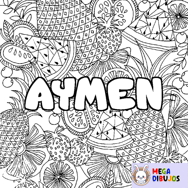 Coloraci&oacute;n del nombre AYMEN - decorado mandala de frutas