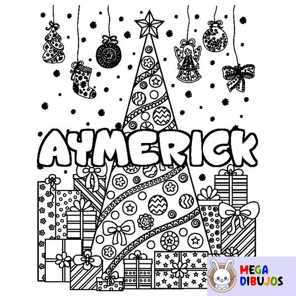 Coloraci&oacute;n del nombre AYMERICK - decorado &aacute;rbol de Navidad y regalos