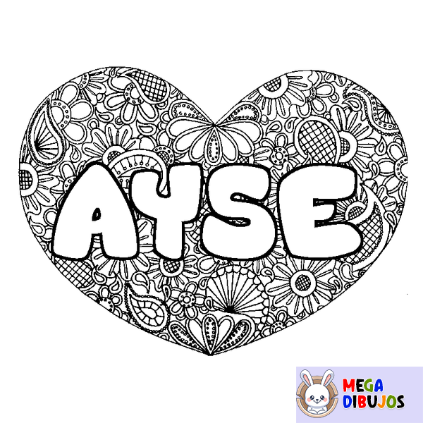 Coloraci&oacute;n del nombre AYSE - decorado mandala de coraz&oacute;n
