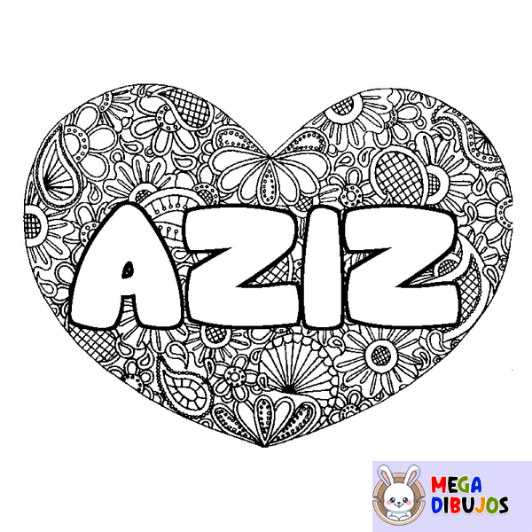 Coloraci&oacute;n del nombre AZIZ - decorado mandala de coraz&oacute;n