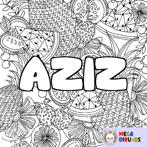 Coloraci&oacute;n del nombre AZIZ - decorado mandala de frutas