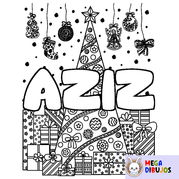 Coloraci&oacute;n del nombre AZIZ - decorado &aacute;rbol de Navidad y regalos