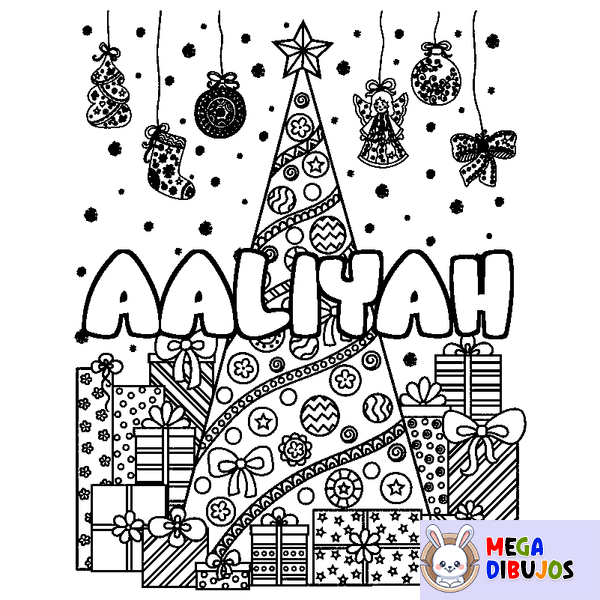 Coloraci&oacute;n del nombre AALIYAH - decorado &aacute;rbol de Navidad y regalos