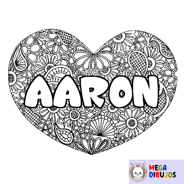 Coloraci&oacute;n del nombre AARON - decorado mandala de coraz&oacute;n