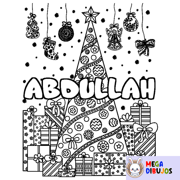 Coloraci&oacute;n del nombre ABDULLAH - decorado &aacute;rbol de Navidad y regalos