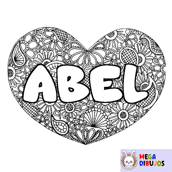 Coloraci&oacute;n del nombre ABEL - decorado mandala de coraz&oacute;n