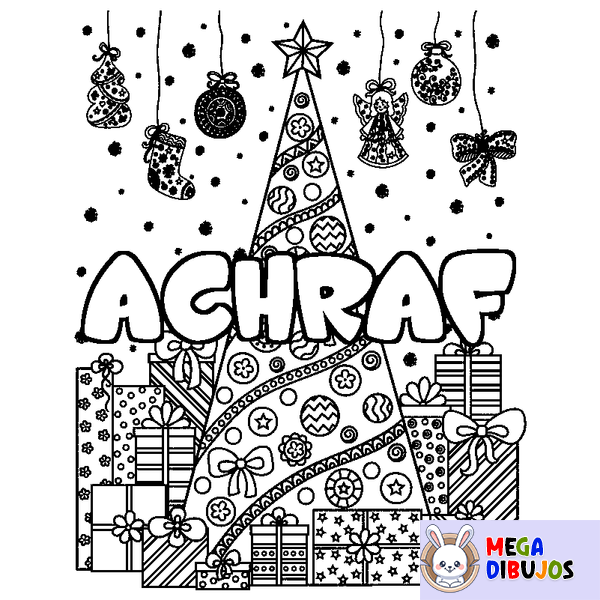 Coloraci&oacute;n del nombre ACHRAF - decorado &aacute;rbol de Navidad y regalos