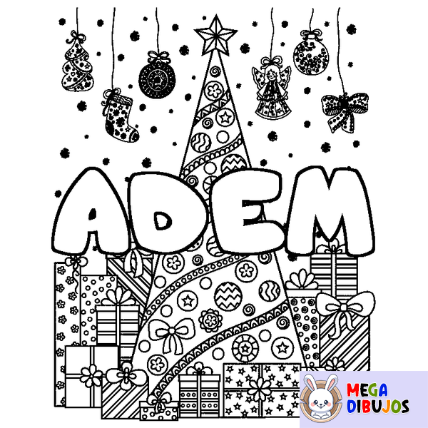 Coloraci&oacute;n del nombre ADEM - decorado &aacute;rbol de Navidad y regalos