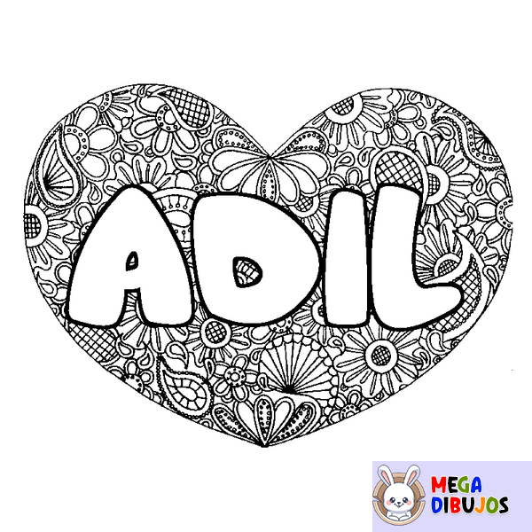 Coloraci&oacute;n del nombre ADIL - decorado mandala de coraz&oacute;n
