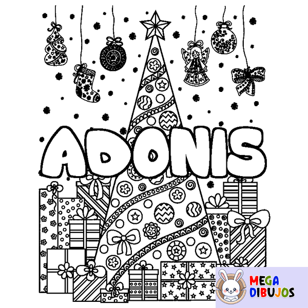 Coloraci&oacute;n del nombre ADONIS - decorado &aacute;rbol de Navidad y regalos