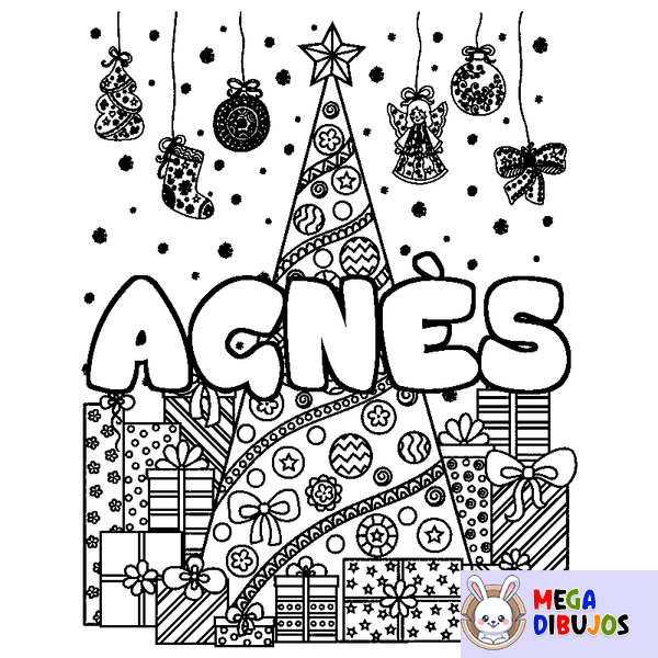 Coloraci&oacute;n del nombre AGN&Egrave;S - decorado &aacute;rbol de Navidad y regalos