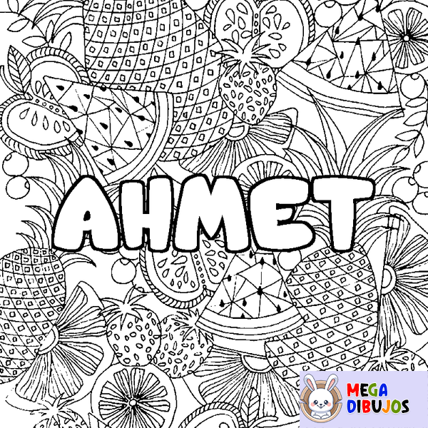 Coloraci&oacute;n del nombre AHMET - decorado mandala de frutas