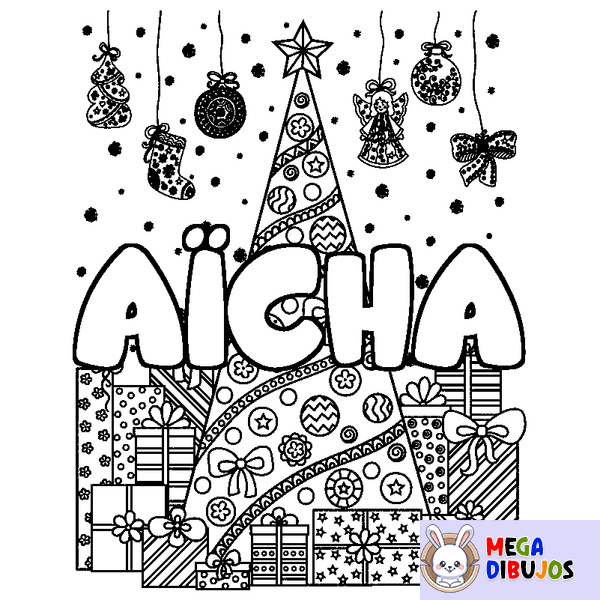 Coloraci&oacute;n del nombre A&Iuml;CHA - decorado &aacute;rbol de Navidad y regalos