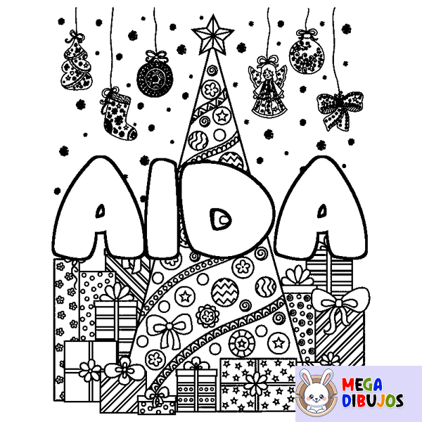 Coloraci&oacute;n del nombre AIDA - decorado &aacute;rbol de Navidad y regalos