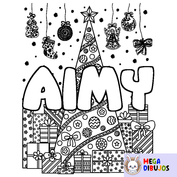Coloraci&oacute;n del nombre AIMY - decorado &aacute;rbol de Navidad y regalos