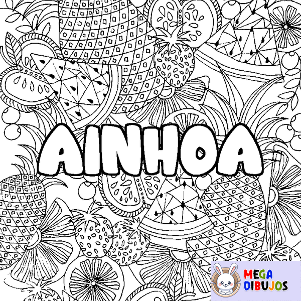 Coloraci&oacute;n del nombre AINHOA - decorado mandala de frutas