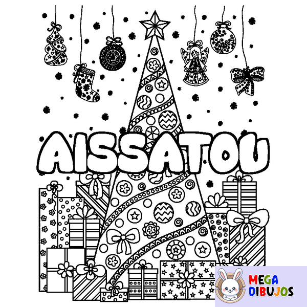 Coloraci&oacute;n del nombre AISSATOU - decorado &aacute;rbol de Navidad y regalos