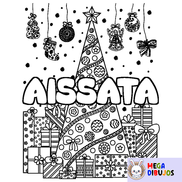 Coloraci&oacute;n del nombre AISSATA - decorado &aacute;rbol de Navidad y regalos