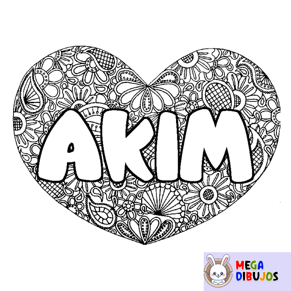 Coloraci&oacute;n del nombre AKIM - decorado mandala de coraz&oacute;n