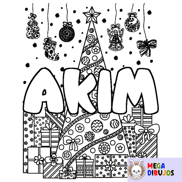 Coloraci&oacute;n del nombre AKIM - decorado &aacute;rbol de Navidad y regalos