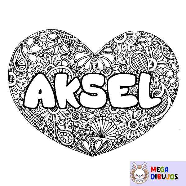 Coloraci&oacute;n del nombre AKSEL - decorado mandala de coraz&oacute;n