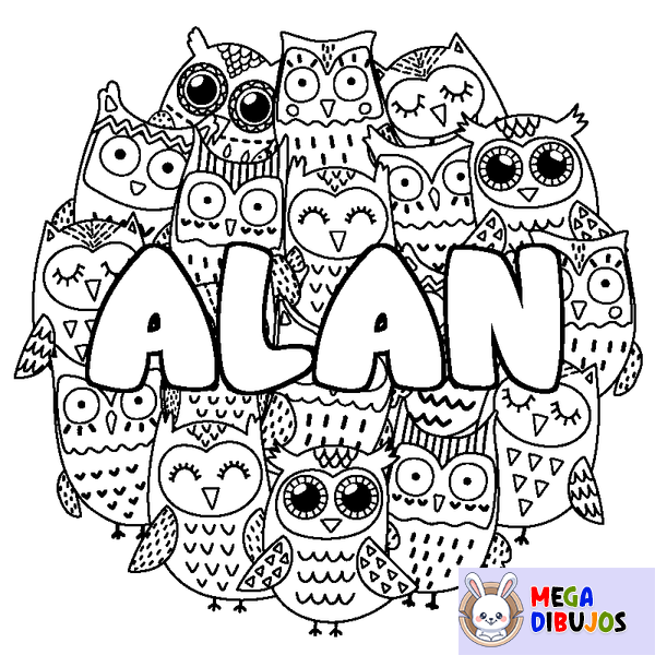 Coloraci&oacute;n del nombre ALAN - decorado b&uacute;hos