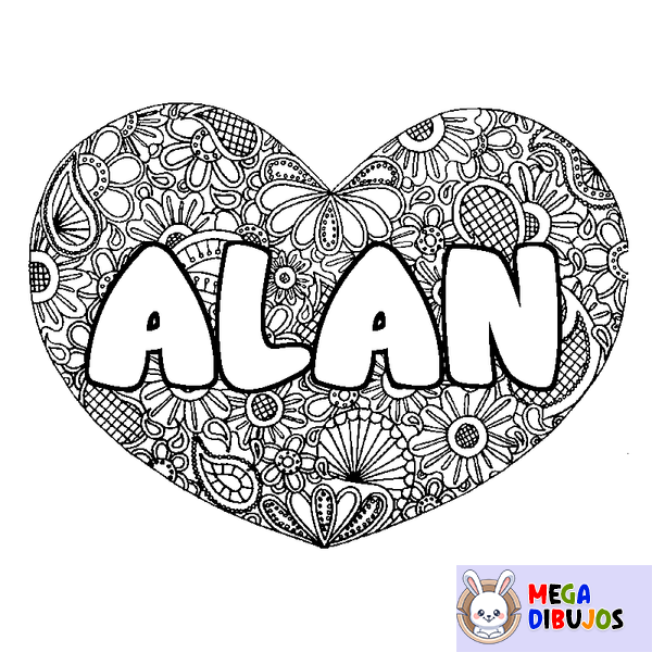 Coloraci&oacute;n del nombre ALAN - decorado mandala de coraz&oacute;n