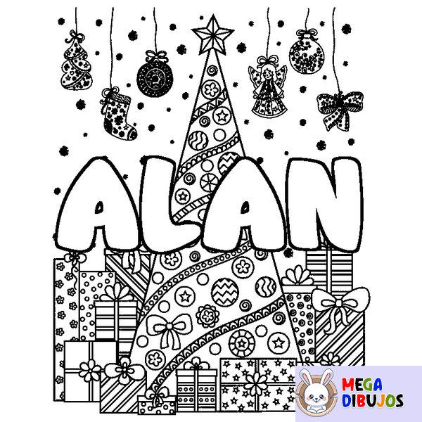 Coloraci&oacute;n del nombre ALAN - decorado &aacute;rbol de Navidad y regalos