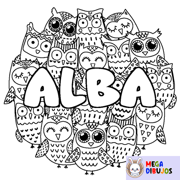 Coloraci&oacute;n del nombre ALBA - decorado b&uacute;hos