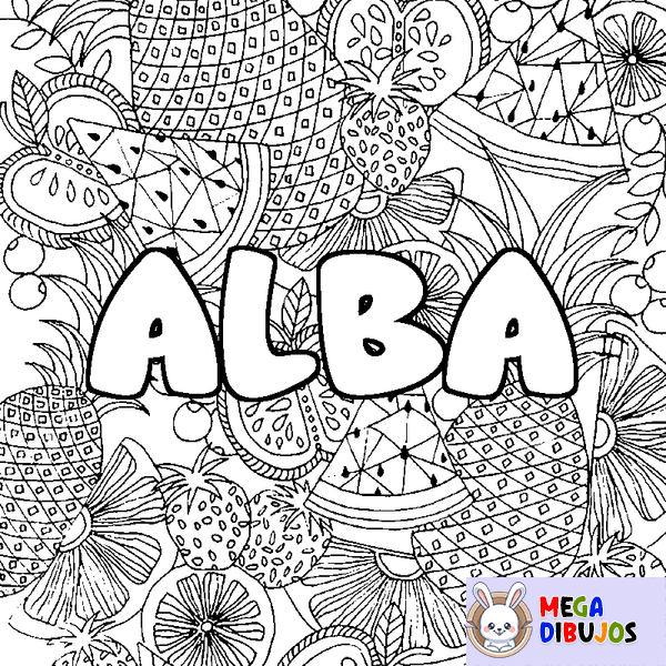 Coloraci&oacute;n del nombre ALBA - decorado mandala de frutas