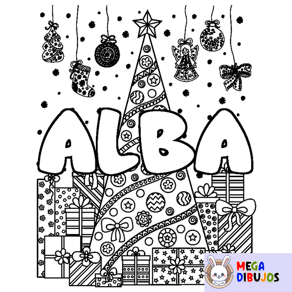 Coloraci&oacute;n del nombre ALBA - decorado &aacute;rbol de Navidad y regalos