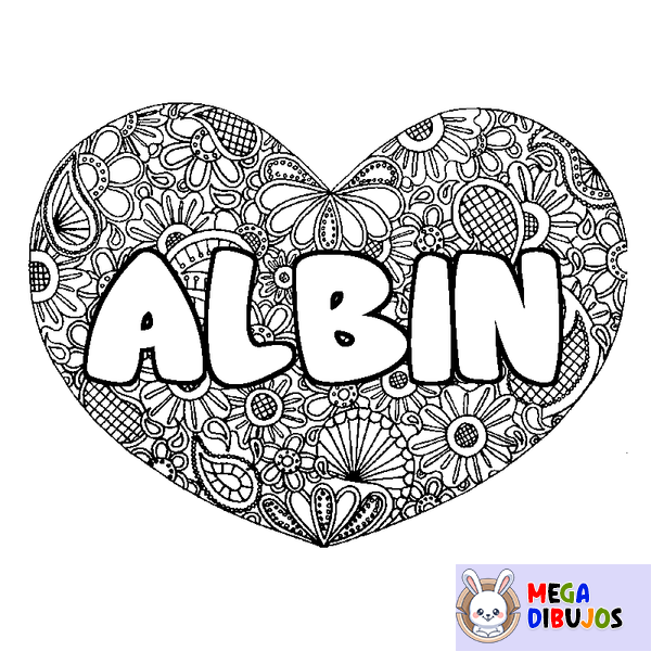 Coloraci&oacute;n del nombre ALBIN - decorado mandala de coraz&oacute;n