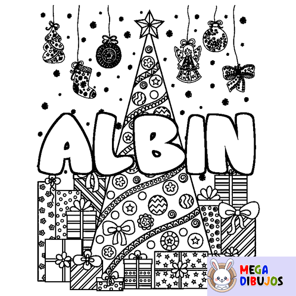 Coloraci&oacute;n del nombre ALBIN - decorado &aacute;rbol de Navidad y regalos