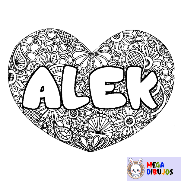 Coloraci&oacute;n del nombre ALEK - decorado mandala de coraz&oacute;n