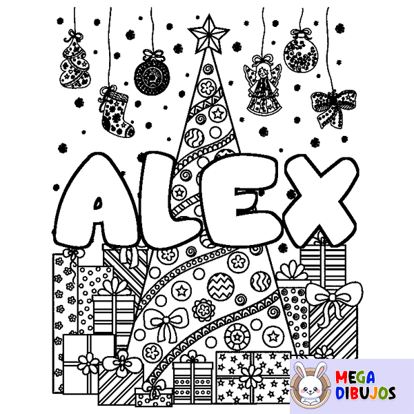 Coloraci&oacute;n del nombre ALEX - decorado &aacute;rbol de Navidad y regalos