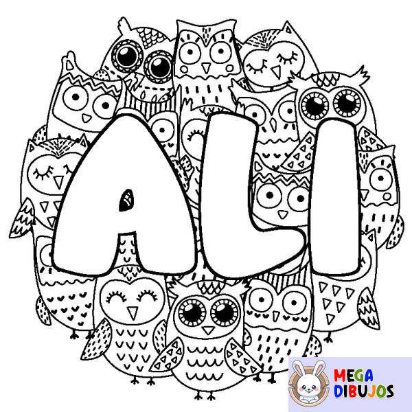 Coloraci&oacute;n del nombre ALI - decorado b&uacute;hos