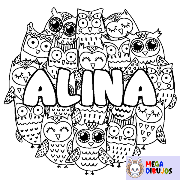 Coloraci&oacute;n del nombre ALINA - decorado b&uacute;hos