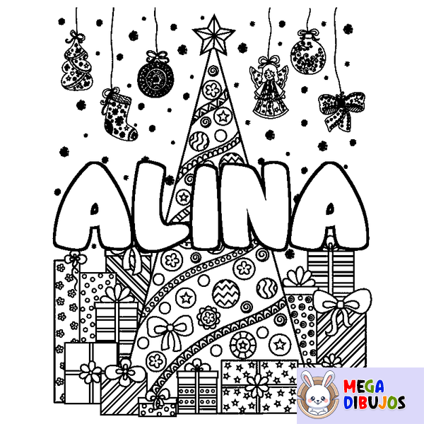 Coloraci&oacute;n del nombre ALINA - decorado &aacute;rbol de Navidad y regalos