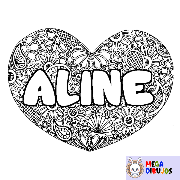 Coloraci&oacute;n del nombre ALINE - decorado mandala de coraz&oacute;n