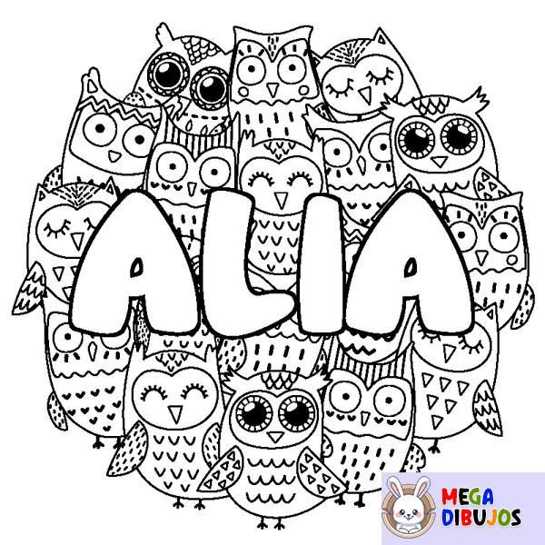Coloraci&oacute;n del nombre ALIA - decorado b&uacute;hos