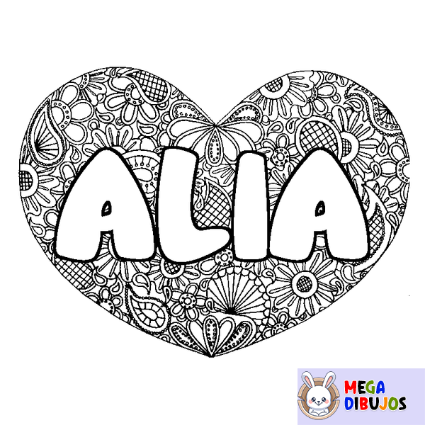 Coloraci&oacute;n del nombre ALIA - decorado mandala de coraz&oacute;n