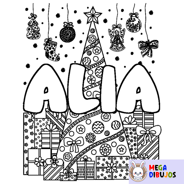 Coloraci&oacute;n del nombre ALIA - decorado &aacute;rbol de Navidad y regalos