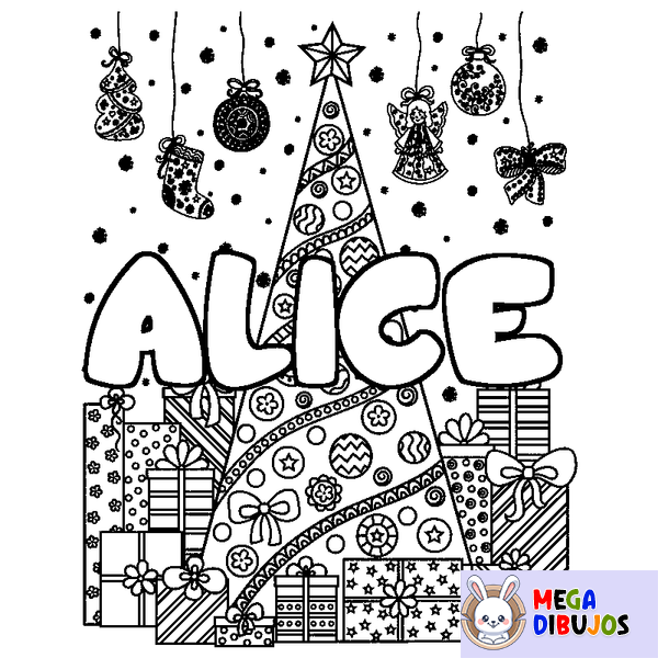 Coloraci&oacute;n del nombre ALICE - decorado &aacute;rbol de Navidad y regalos