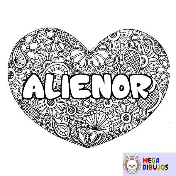 Coloraci&oacute;n del nombre ALIENOR - decorado mandala de coraz&oacute;n