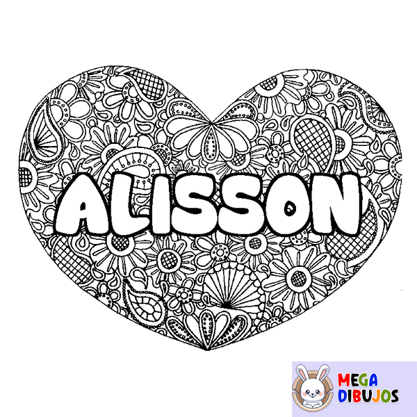 Coloraci&oacute;n del nombre ALISSON - decorado mandala de coraz&oacute;n