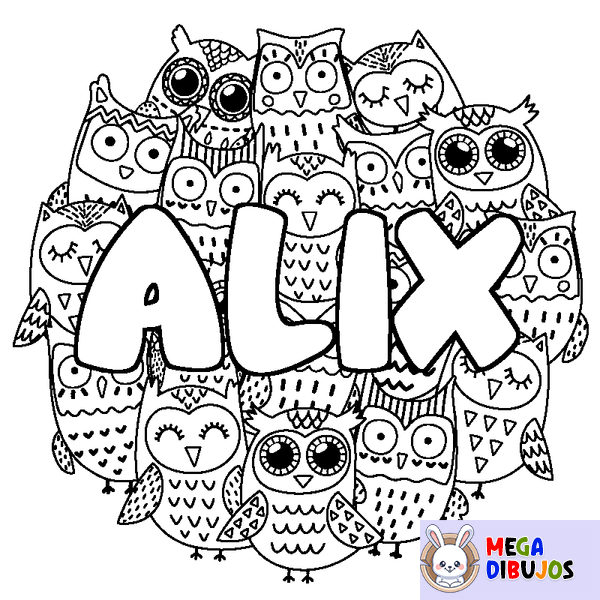 Coloraci&oacute;n del nombre ALIX - decorado b&uacute;hos