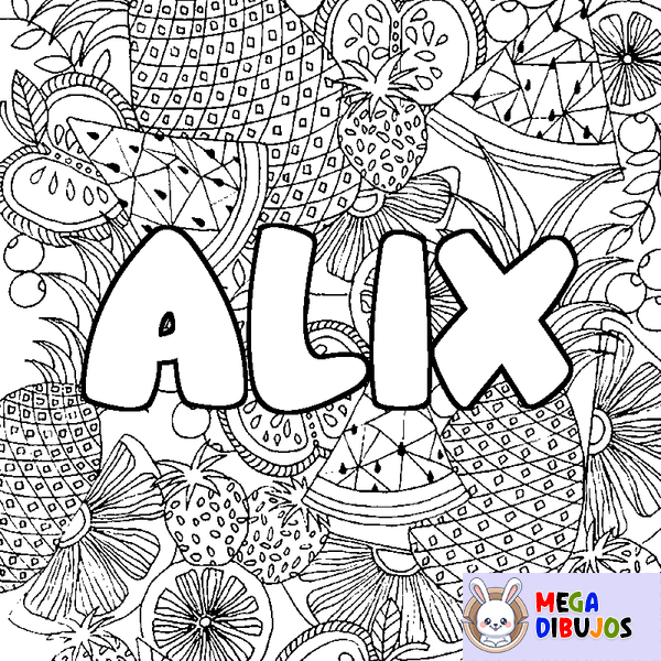 Coloraci&oacute;n del nombre ALIX - decorado mandala de frutas