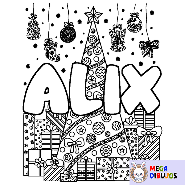 Coloraci&oacute;n del nombre ALIX - decorado &aacute;rbol de Navidad y regalos