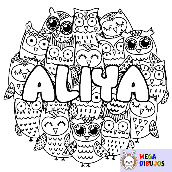 Coloraci&oacute;n del nombre ALIYA - decorado b&uacute;hos