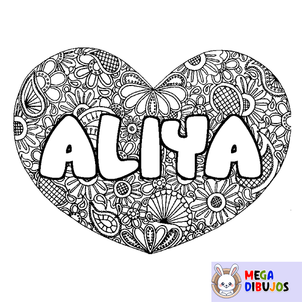 Coloraci&oacute;n del nombre ALIYA - decorado mandala de coraz&oacute;n
